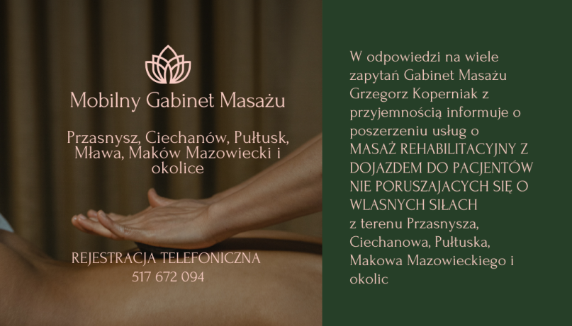 Masaż w Przasnyszu, również  z dojazdem do klienta Ciechanów, Pułtusk, Mława, Krasne i okolice