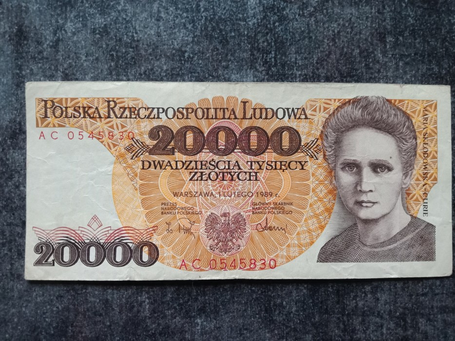 Banknot PRL 20000 zł Maria Skłodowska-Curie 1989